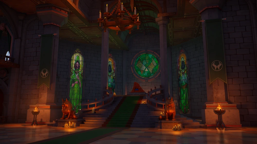 The great hall inside Castle Doom: green stained glass windows, a stone staircase flanked by wolf statues, and candlelit braziers